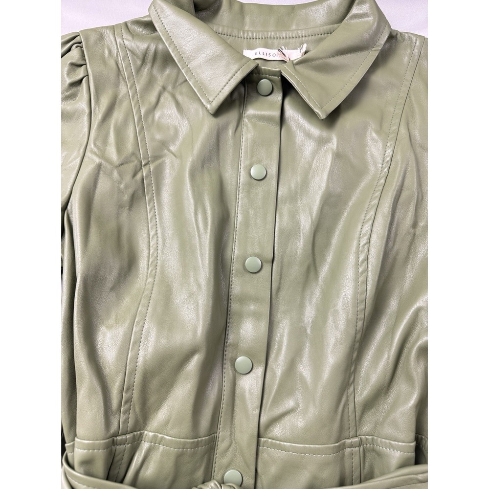Ellison‎ Faux Leather Dress Sage Green Belted Puff Sleeve Quiet Luxury - Picture 5 of 16